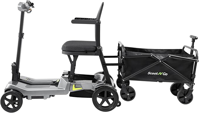 SCOOTNGO Mobility Scooters for Seniors, 4 Wheel Foldable Lightweight Airline Approved Mobility Scooter for Adults, Dual Batteries, Portable, No Assembly Needed (Silver Grey, with Folding Trailer)