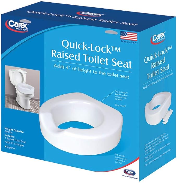 Carex Toilet Seat Riser with Quick-Lock, Raised Plastic Toilet Seat Adds 4” of Height - Fits Most Standard Round & Elongated Toilets, 300 Pound Weight Capacity, Slip-Resistant