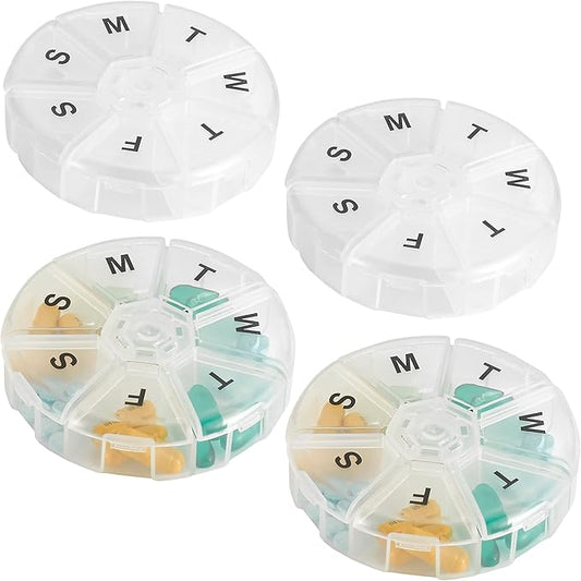 Large Weekly Pill Organizer - (Pack of 4) Daily Pill Cases, Round Pill Organizer 7 Day Container, Medicine Planner, Pill Reminder, BPA-Free for Pills Vitamins, Supplements, and Fish Oils