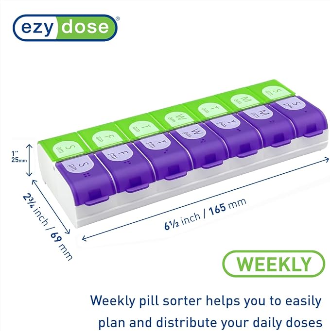 EZY DOSE Pill Organizer Weekly (7-Day), Medicine Planner, Vitamin Box, Daily Planner Case, 2 Times a Day, AM PM, Large Compartments, Easy Fill All Compartments at Once, Green and Purple, BPA Free