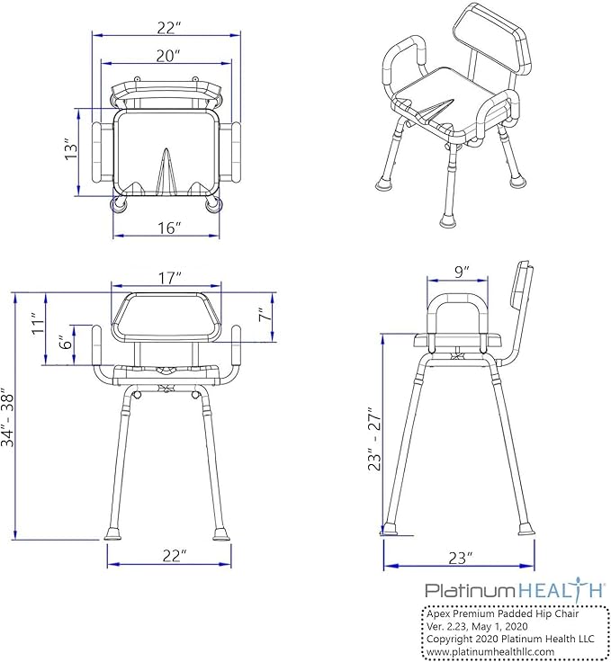 Platinum Health Hip Chair, APEX(tm) Premium, Padded, Height Adjustable, SEAT-Angle Adjustable Hip Chair. Doctor and Rehab Specialist Recommended