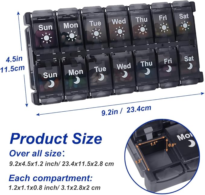 HRX Package Weekly Pill Organizer 2 Times a Day, Easy Fill & Open AM/PM Medicine Box 7 Day Vitamin Cases Day and Night