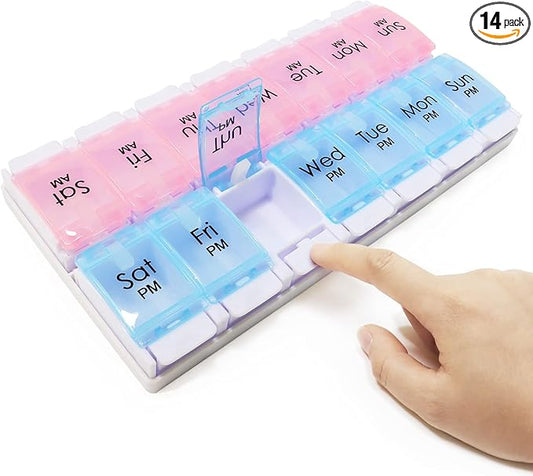 MOLN HYMY Weekly Pill Boxes and Organizer 2 Times a Day, 7 Day AM PM Pill Case Two Week, 14 Large Compartments Pill Dispenser to Hold Medication, Vitamins (Pink+Blue)