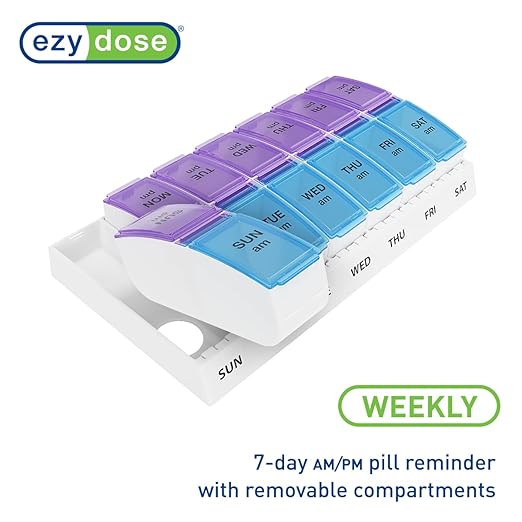 EZY DOSE Weekly AM/PM Pill Organizer, 7-Day Vitamin Container and Daily Medication Box with Large Pop-Out Compartments, 2 Times a Day Pill Holder, Blue and Purple Lids, Travel-Friendly Design