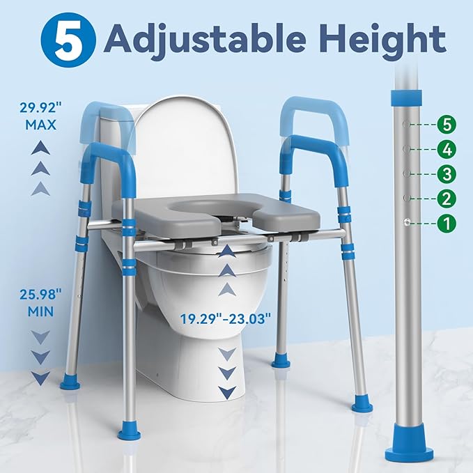 Loyoda Raised Toilet Seat with Handles, Padded Toilet Seat Risers for Seniors, Adjustable Height & Width Toilet Riser, Handicap Elevated Toilet Seat 500lb, Fit Any Toilet