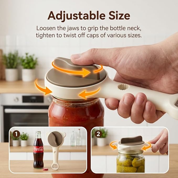 4-in-1 Jar Opener for Seniors -Adjustable Lid Opener with Non-Slip Grip, Stainless Steel Jar Lid Opener for Arthritis Sufferers, Fits Kitchen Jars, Bottles & Cans, Home Kitchen Helper(Grey)