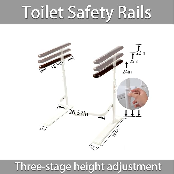 Toilet Safety Rails for Seniors - Toilet Safety Frame with Nighttime Reflective Armrests & Base, 3-Speed Height Adjustment, Toilet Safety Frames & Rails Fits Most Toilets, 3-Hole Depth Adjustment