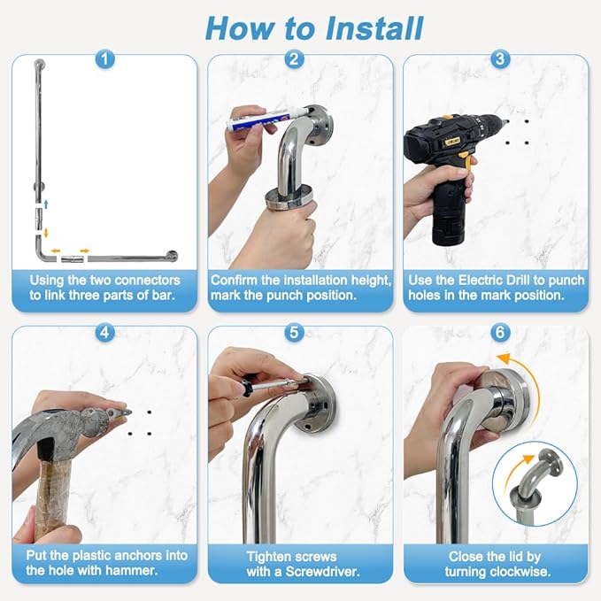 Shower Grab Bar for Seniors Toilet Safety Grab Bars L Shaped Bathroom Hand Rails Wall Mount 24 Inch x 36 Inch Grab Bar for Bathroom Bathtub Handicap Safety Grab Bar Stainless Steel Angle Bar