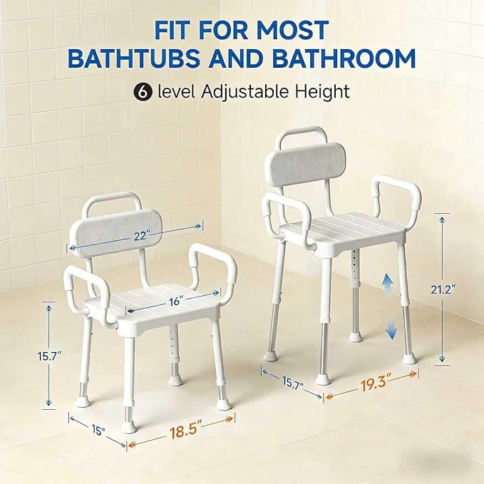 Shower Chair for Bathtub, Adjustable Height 15.7"–21.2" Bath Stool with Removable Backrest and Arms, Rust-Resistant Aluminum Frame, Non-Slip Rubber Feet, Supports 350 lbs， Neutral Gray