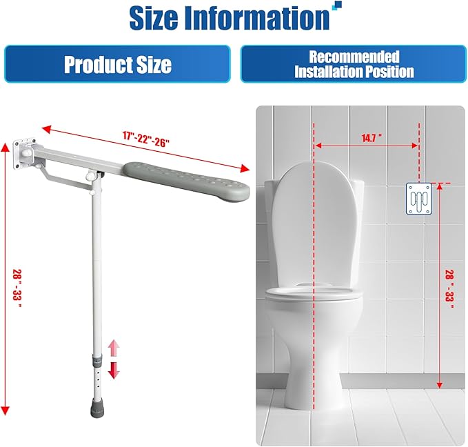 26 Inch Grab Bar for Toilet with Adjustable Height and Length, Flip up Bathroom Safety Rail with Support Leg, 660lbs Capacity Anti-Slip Handicap Toilet Handrail for Seniors