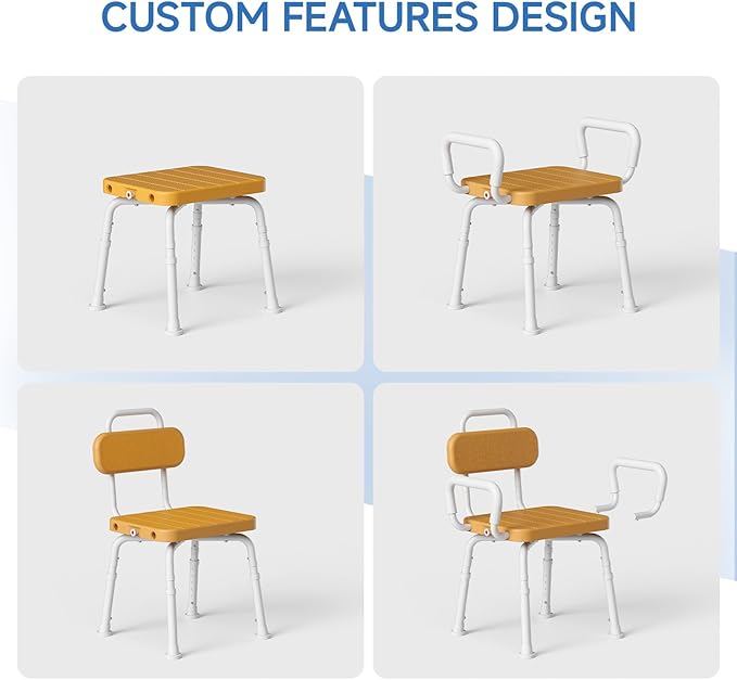 Loyoda 360° Swivel Shower Chair with Removable Arms, Adjustable Height Rotating Shower Stool for Inside Shower for Seniors and Disabled，Swivel Bath Chair for Inside Tub，Brown