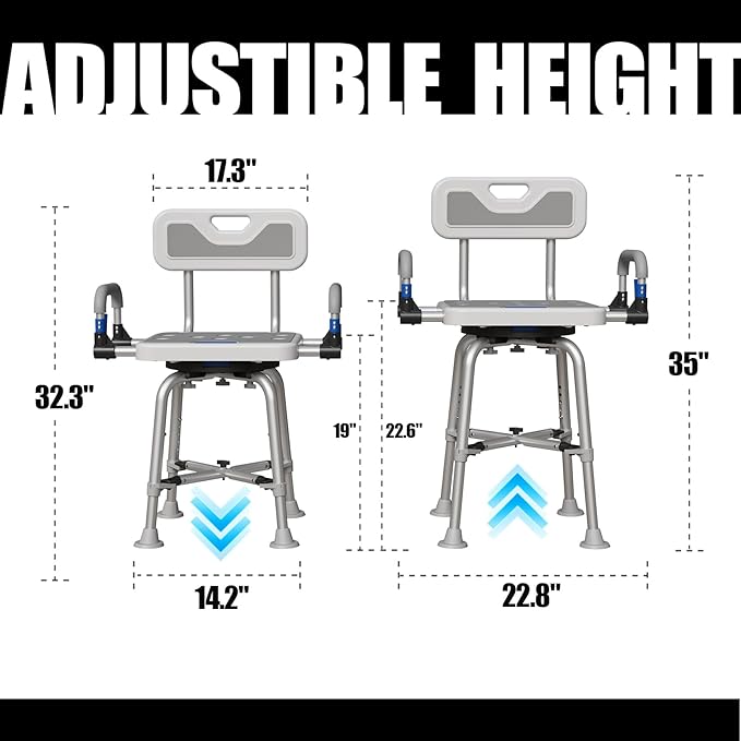 360° Swivel Shower Chair for Elderly and Disabled 400lbs Heavy Duty Bathing Transfer Stool with Armrests & Backrest Adjustable Height Bath Chair for Inside Shower Standard Bathrooms & Bathtubs Gray