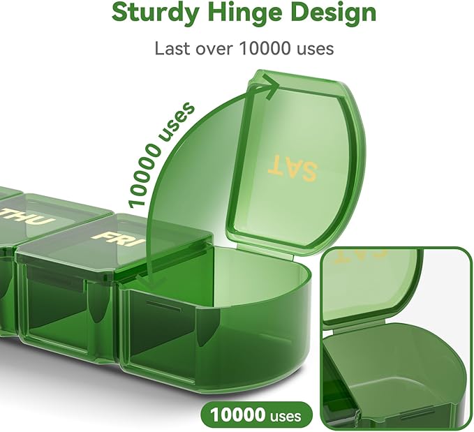 Large Pill Organizer Weekly - SHIJOINYU 7 Day Pill Box with Easy-Open Design, Daily Medicine Pill Organizer for Vitamins, Supplements, Fish Oils and Medications - Green