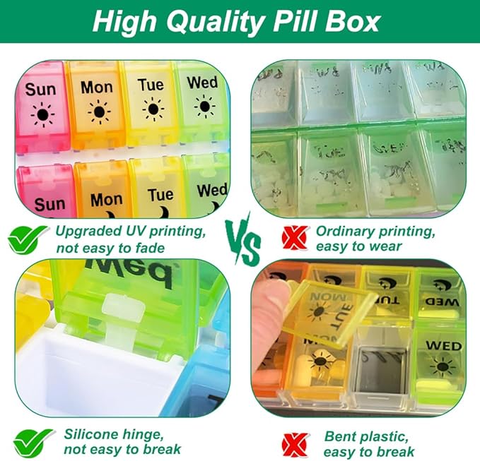 Shintop Am Pm Pill Organizer 7 Day, Push Button Weekly Pill Box 2 Times a Day Easy Fill Pill Holder Day Night Vitamin Case for Medications Fish Oil Supplements (Rainbow)