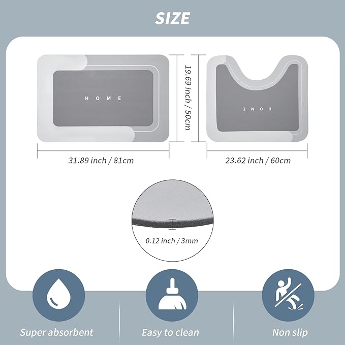 Housego 2PCS Absorbent Bath Mat Magic Rug Sets, Quick Drying Bath Mat Non-Slip Floor Rug Rubber Backed for Bathroom Kitchen Shower Sink, Water Absorbent (19.7''x23.6''+19.7''x31.9'', Light Gray)