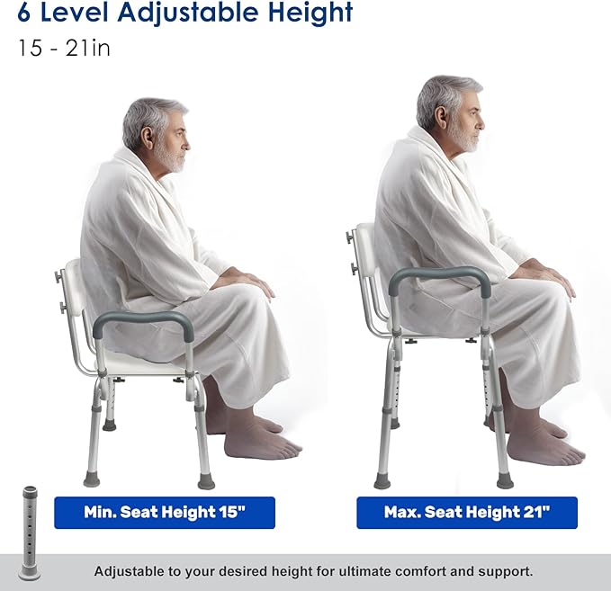 TooCust Extra Wide M-Shaped & Padded Armrests Shower Chair, 500lbs Capacity, Bariatric, Blue, Aluminum, Bath & Shower Safety Seating