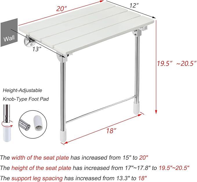 Folding Shower Seat Wall Mounted with Legs, Foldable Shower Chair for Inside Shower, Fold Down Shower Bench for Seniors (White, Fixed Height Plus)
