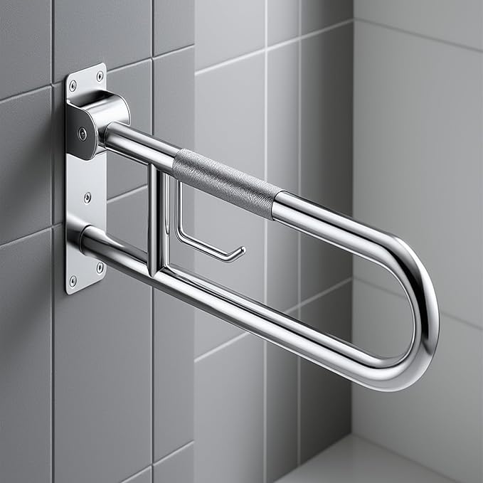 23.6" Flip-Up Toilet Grab Bar with Paper Holder,304 Stainless Steel Bathroom Safety Rail, Anti-Slip Folding Handicap Grab Bar for Seniors, Elderly & Disabled, Wall Mounted Support Handrail
