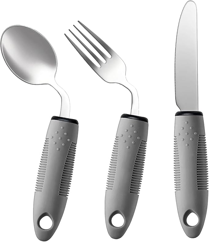 3-Piece Adaptive Utensils Set for Adults - 45° Angled 2.5oz Weighted Spoon, Fork, Knife for Hand Tremors and Parkinson’s Patients - Non-Slip Easy-Grip Handles