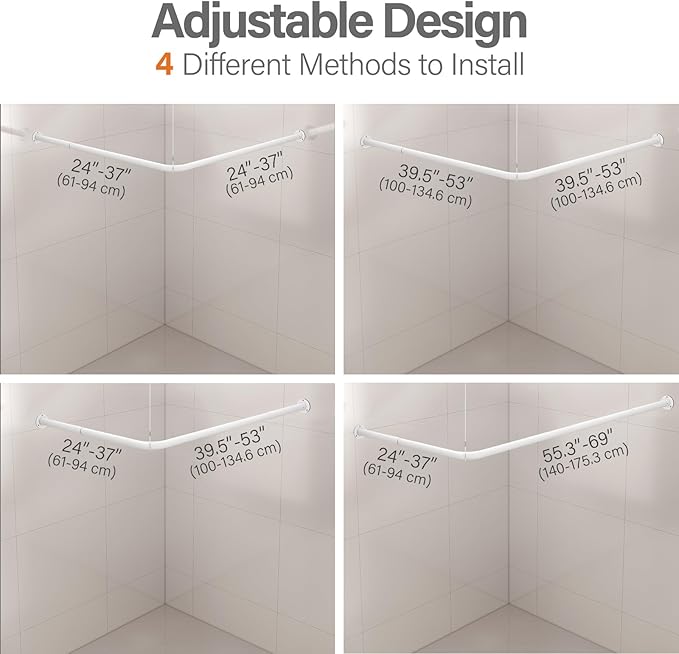 L Shaped Corner Shower Curtain Rod, 24" - 53" x 24" - 53" Adjustable 90 Degree Curved Bathroom Rod Square No Sag with 12 Hooks & Ceiling Support - White