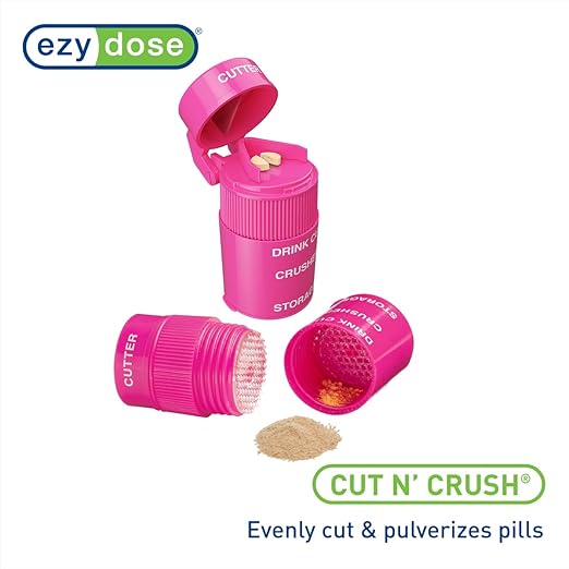 EZY DOSE 3 Compartment Pill Crusher, Cutter and Grinder, Daily Usage, Safely Cut Pills, Vitamins, Tablets, Accurate and Easy Cutting, Stainless Steel Blade, Removable Drinking Cup, Pink, BPA Free