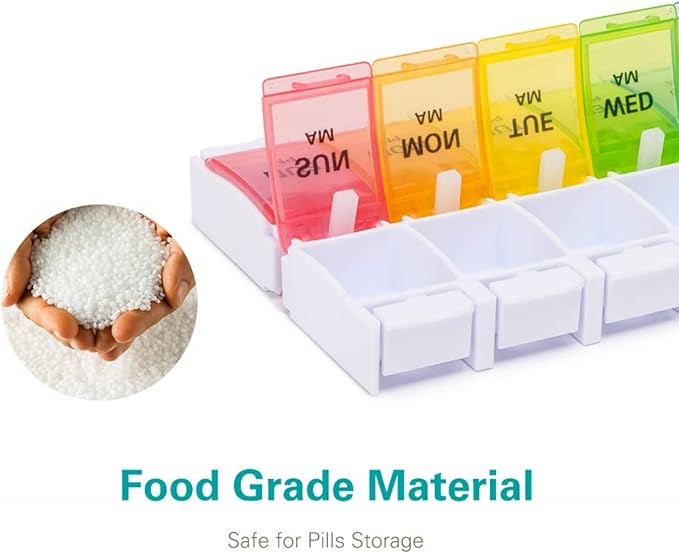 Sukuos AM PM Weekly Pill Organizer 2 Times A Day 2pcs, 7 Day Pill Box with Easy Push Button, BPA Free Medicine Case Vitamin Holder for Fish Oil/Supplements (Rainbow)
