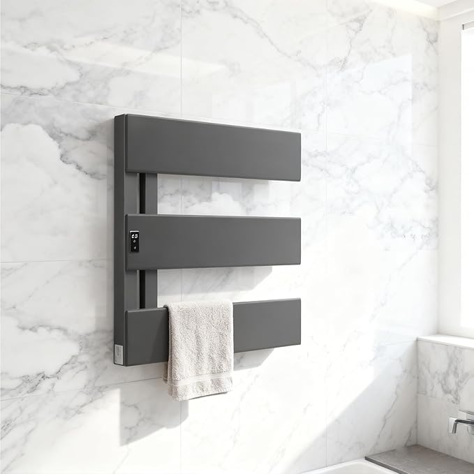 Verida Towel Warmer Rack, Support Hardwired and Plug-in, Wall-Mounted Electric Towel Heater, with Built-in Timer, Waterproof Aluminum Towel Warmer for Bathroom, LV-3S Gray