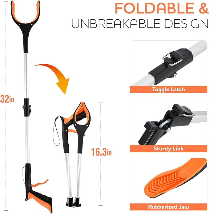 2-Pack Grabber Reacher Tool,32 Inch Extra Long Foldable Pick Up Stick with Buckle and Rope and with Strong Grip Magnetic,360°Rotating Anti-Slip Jaw,Grabber Tool for Outdoor & Indoor (Blue&Orange)