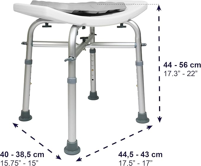 KMINA Shower Stool, Padded with Foam Cushion, Heavy Duty Double Reinforced Crossbar with 6 Height Adjustable, Tool Free, Anti-Slip, Made in Europe