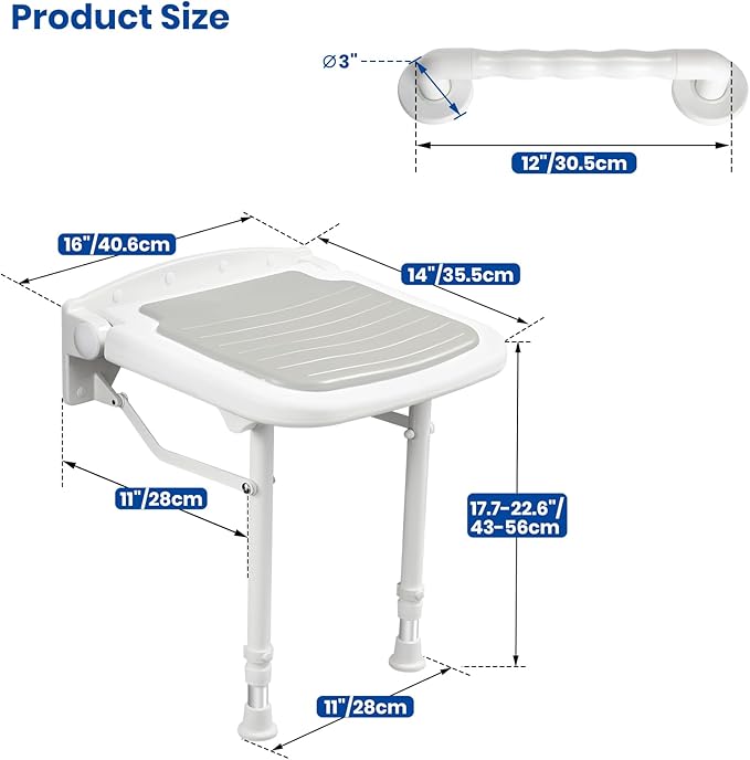 Wall Mounted Shower Seats with Bathroom Grab Bar(FSÄ/HSÄ), Support 550lbs, Adjustable Height Fold Down Shower Seat Wall Mounted Folding Shower Bench for Elderly-Adults-Pregnants-Seniors-Disabled
