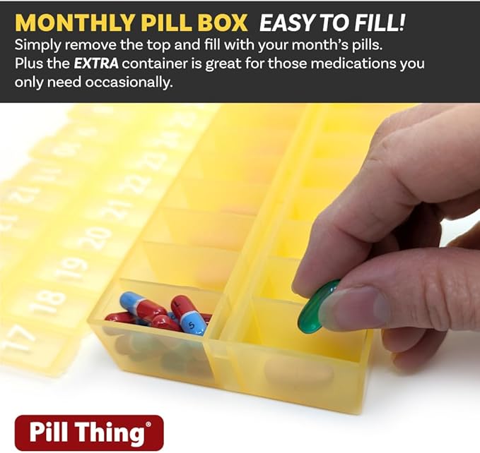 Once-a Day Monthly Pill Organizer Removable Lid for Easy Loading - Large Compartment Pill Box Medications for Entire Month Plus a Compartment for Extra Pills BPA Free