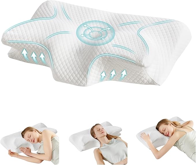 DUMOS Cervical Neck Pillow for Sleeping, Cooling Ergonomic Memory Foam Pillow with Arm Rest Slot and Ice Silk Pillowcase, Dual Height Orthopedic Support Contour for Side, Back, Stomach Sleepers