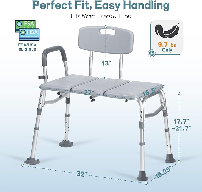 Tub Transfer Bench for Bathtub, Height Adjustable Shower Bench with Backrest, Shower Chair Bath Seat for Elderly, Seniors, Arm Support for Transfer-Gray