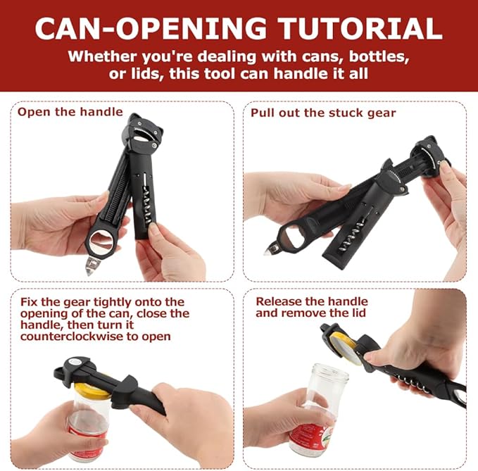Jar Opener Bottle Opener and Wine Opener' for Seniors with Arthritis, Weak Hands, Retractable Magnetic Can Opener', Multifunctional Can Opener' Jar Lid Gripper(COLOR:Black)