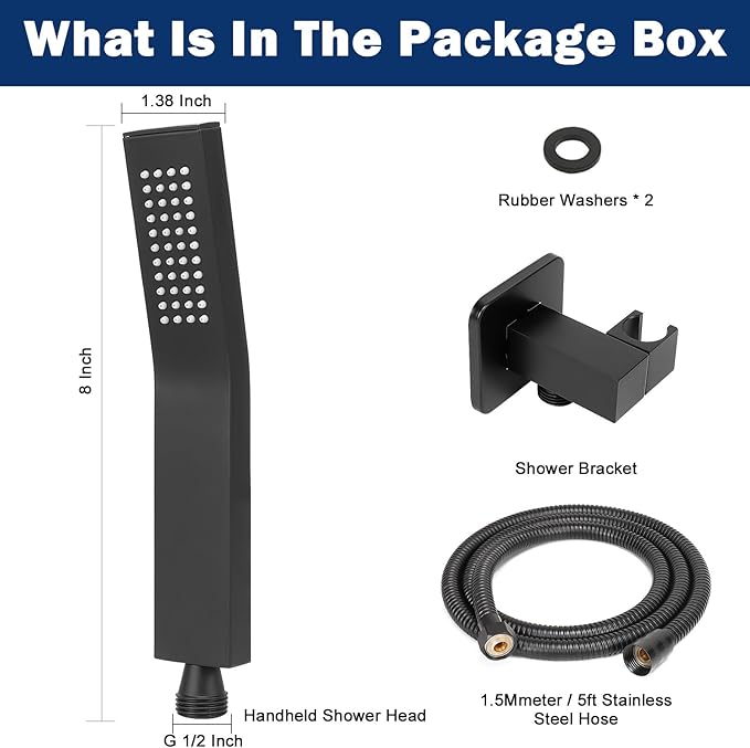NearMoon Brass HandHeld Shower Head, Luxury High Pressure Shower Kit with Wall Connector and Hose Set, for Bathroom Showering System Contemporary Square Style (Matte Black)