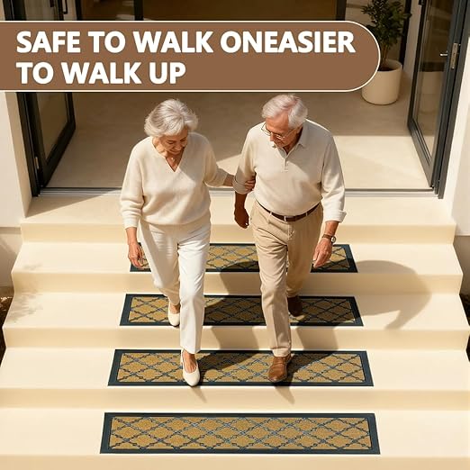Stair Cover Outdoor for Wooden Steps, Non-Slip Rubber Brown Stair Runner Rugs, 6 Pcs 8.5" x 30" Heavy Duty Stair Mats for Outside Steps, Weatherproof Grip for Elders, Dogs & Kids, Yellow Lattice.