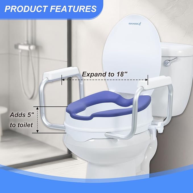 Raised Toilet Seat with Handles - Adds 5 Inch - Toilet Seat Risers for Seniors with Cushion - Supports 300 lbs - for 16'' Standard/Round Toilet - Includes Lid, Elevated Toilet Seat, Blue