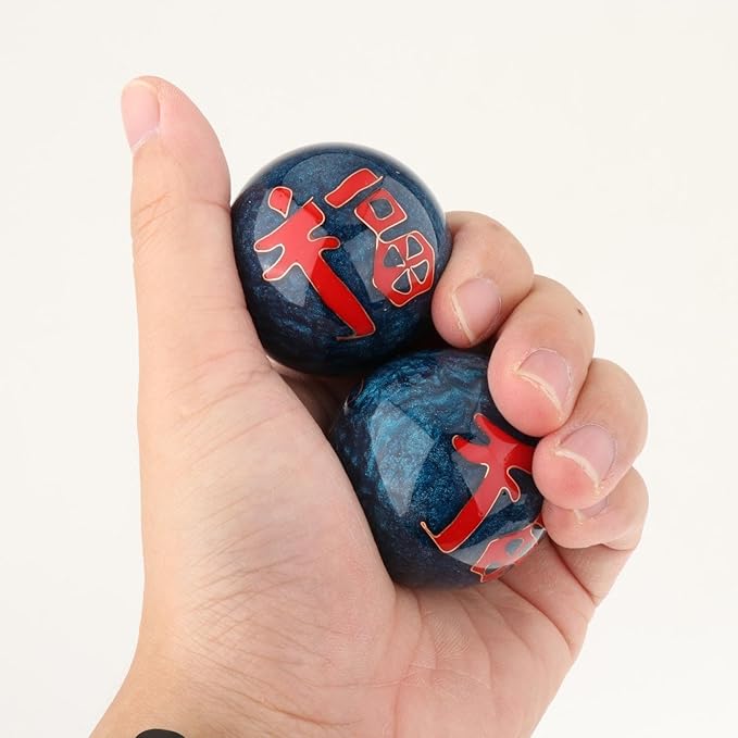 2 Pieces Hand Massage Balls, Chinese Exercise Handballs with Storage Box, Compact Relaxation, Chinese Baoding Balls, for Kids Seniors, Fu Word Blue
