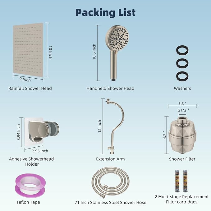 Hibbent All Metal 10'' Filtered Rainfall Shower Head Combo, High Pressure Handheld Shower Head with 12'' Adjustable Curved Extension Arm, 20 Stage Shower Filter, 10-spray, 71'' Hose, Brushed Nickel