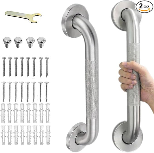 12 Inch Shower Grab Bars for Seniors, 2 Pack Brushed Nickel Stainless Steel ADA Grab Bars with 1.25'' Diameter Anti-Slip Textured Surface, Shower Safety Hand Rails for Elderly Handicapped