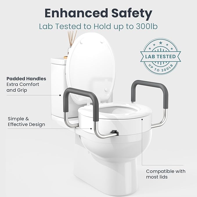 PELEGON Raised Toilet Seat With Handles (300lb) Toilet Seat Risers for Seniors, Raised Toilet Seat for Handicap Toilet Seat For Elderly & Disabled - Standard Seat
