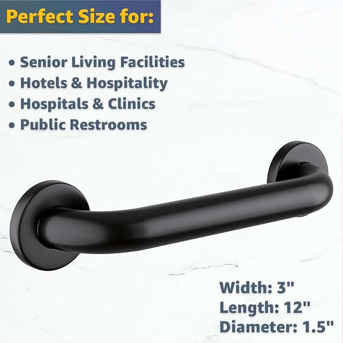 12" Matte Black Restroom Grab Bar - Stainless Steel Bathroom Safety Rail for Shower, Toilet, or Wall Mount - Durable 250 lb. Support Bar for Elderly - Commercial or Home Use
