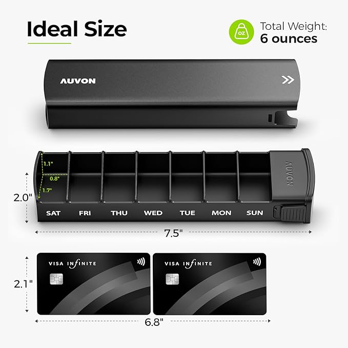 AUVON Metal Weekly Pill Organizer with Slide Design, Stylish Travel Pill Box 7 Day for Privacy Protection, Aluminum Alloy Pill Case with Large Compartment for Supplements, Fish Oil (Black)