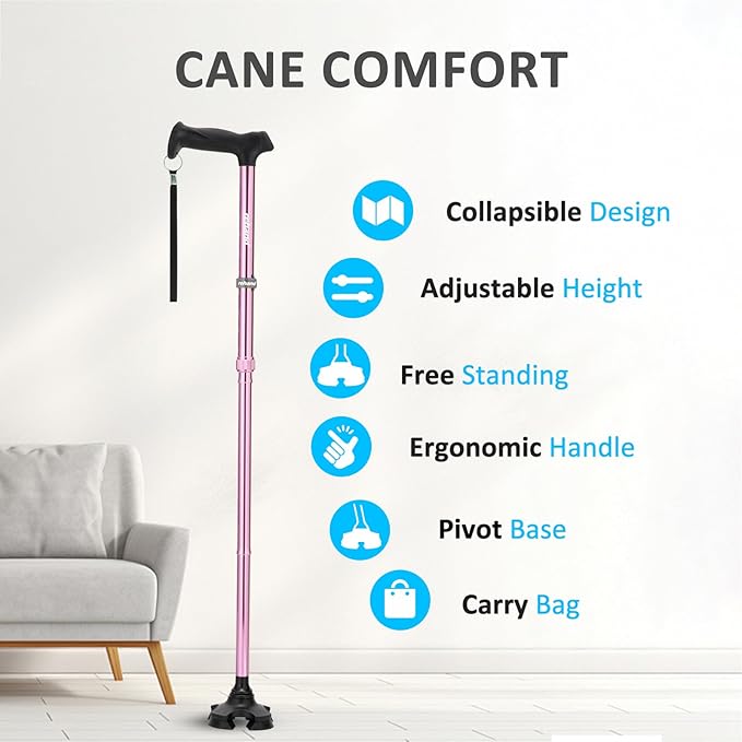 REHAND Walking Cane for Men & Women - Foldable, Adjustable, Lightweight, Self Standing Pivot Walking Cane, Soft Handle Grip, with Travel Bag, Walking Sticks for Seniors & Adults