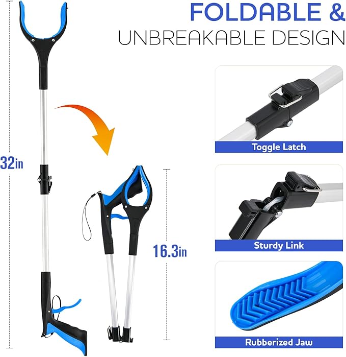 32" Grabber Reacher Tool, 2-Pack Foldable Reacher Grabber Pickup Tool with Buckle and Rope and with 360° Rotating Jaw & Magnet, Lightweight Grabbers for Seniors Heavy Duty(Blue)