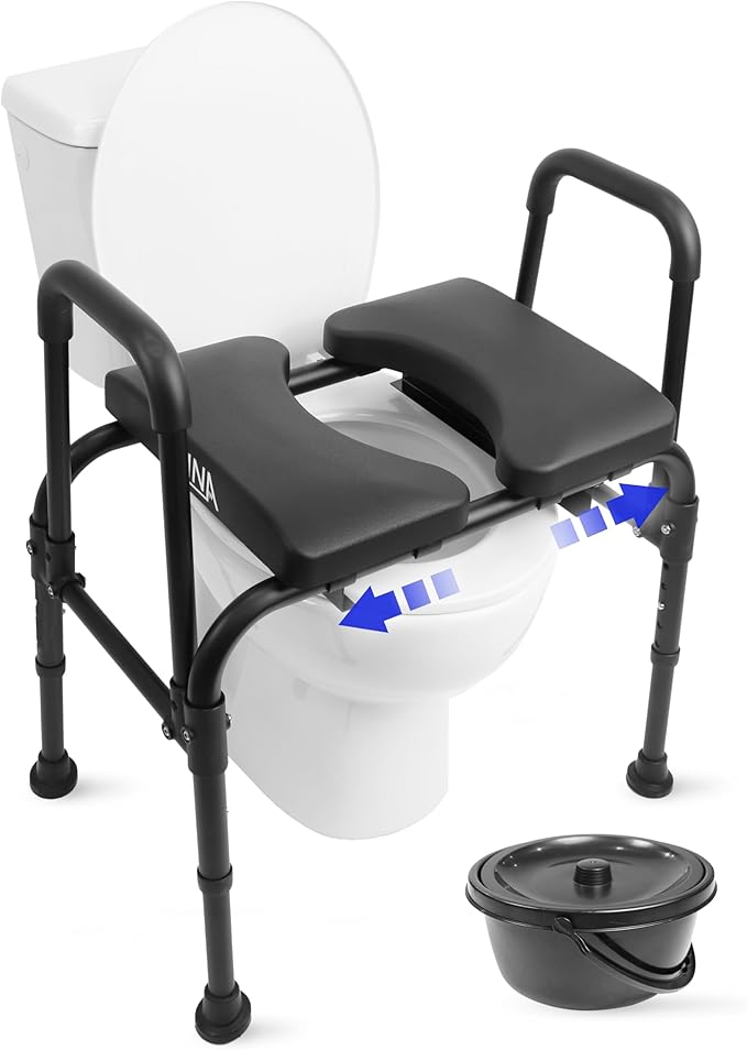 KMINA Raised Toilet Seat with Handles, 400 lbs Toilet Seat Risers for Seniors, Adjustable Height & Width, Comfort PU Foam Seat, Fit Any Toilet, Patented, Made in Europe