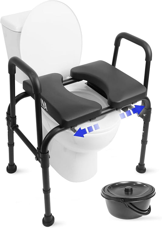 KMINA Raised Toilet Seat with Handles, 400 lbs Toilet Seat Risers for Seniors, Adjustable Height & Width, Comfort PU Foam Seat, Fit Any Toilet, Patented, Made in Europe