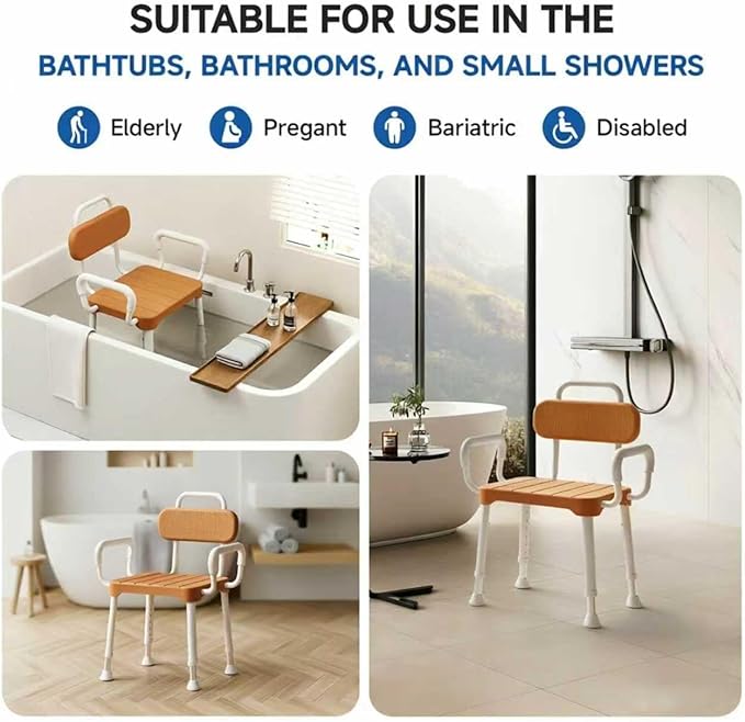 Shower Chair for Bathtub, Adjustable Height 15.7"–21.2" Bath Stool with Removable Backrest and Arms, Rust-Resistant Aluminum Frame, Non-Slip Rubber Feet, Supports 350 lbs， Brown
