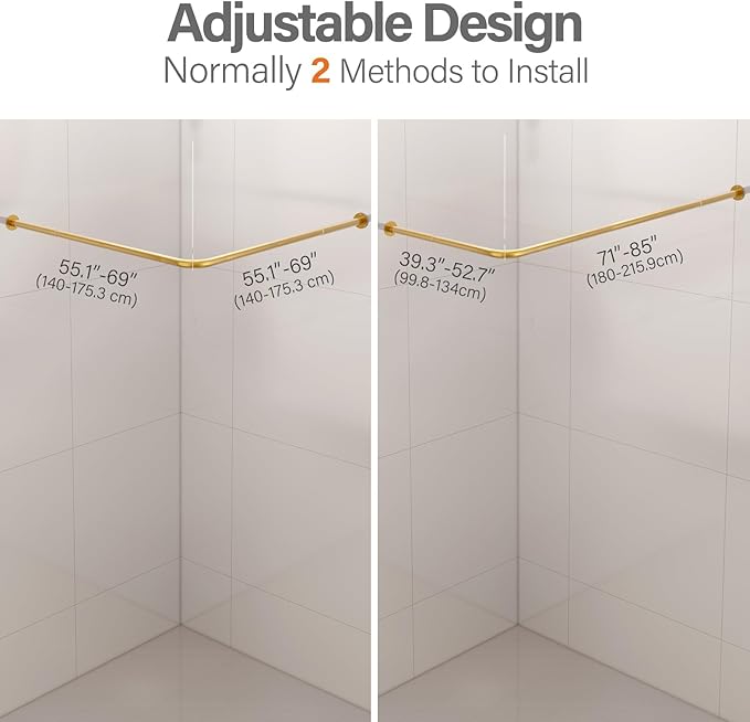 L Shaped Corner Shower Curtain Rod, 39" - 69" x 55" - 85" Adjustable 90 Degree Curved Bathroom Rod Square Rail No Sag with 12 Hooks & Ceiling Support - Gold
