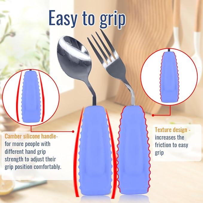 Adaptive Utensils Set – Ergonomic Angled Fork & Spoon for Parkinson's, Tremors, and Stroke Recovery – Weighted Utensils for Hand Tremors, Non-Slip Silicone Grip, Dishwasher Safe